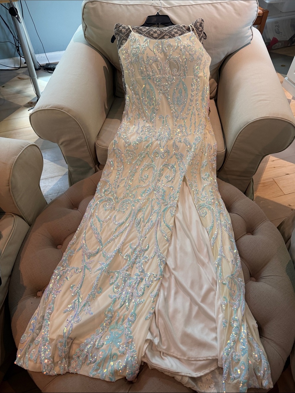 Betsy & Adam Ivory Prom Gown with Iridescent Blue Sequin Embroidery